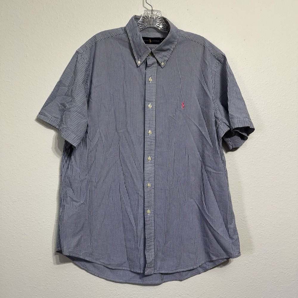 Ralph Lauren Blue White Seersucker Short Sleeve Button Down Shirt Mens Size XL